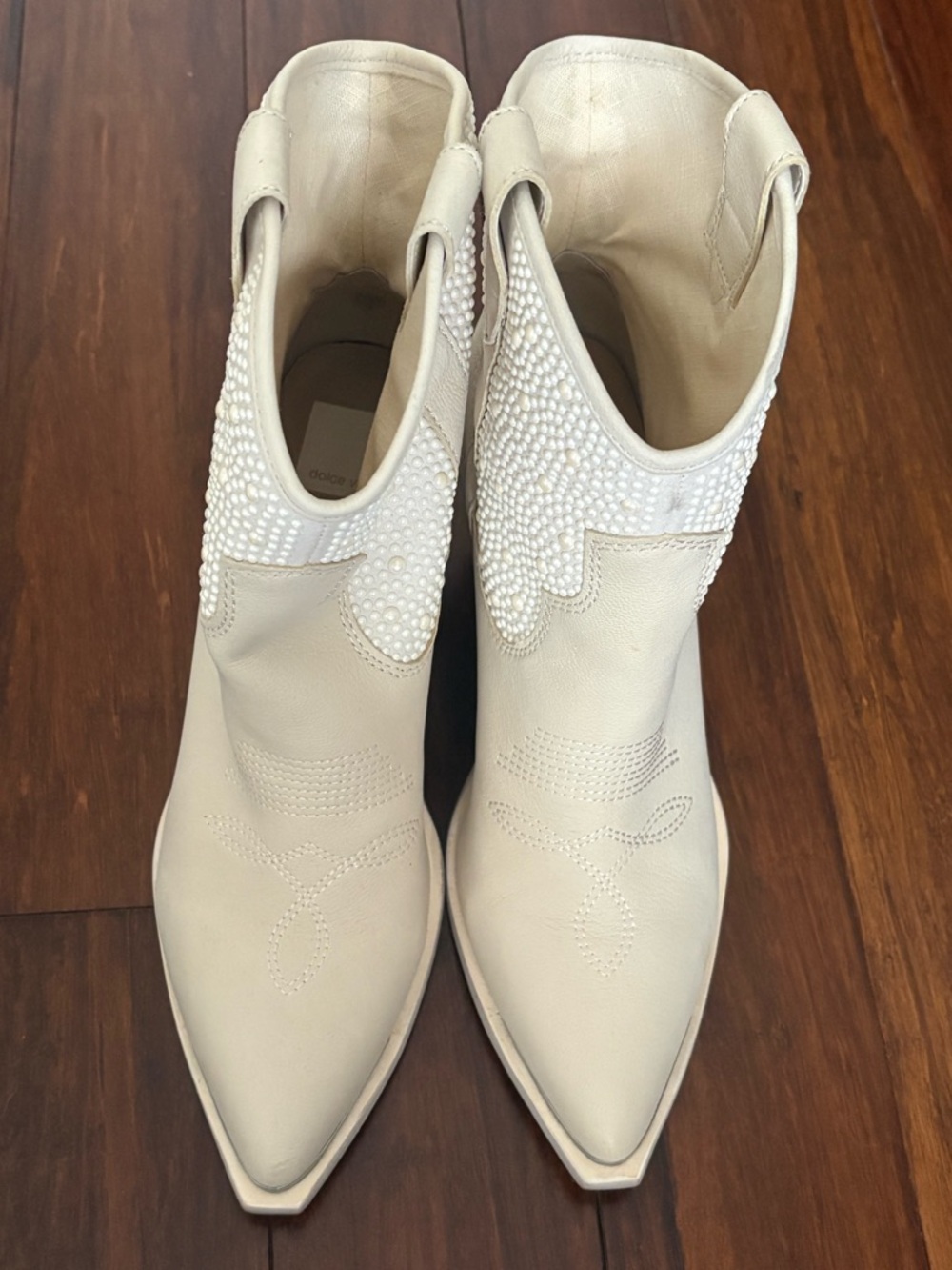Dolce Vita Cream Leather Western Pearl-Embellished Ankle Boots
